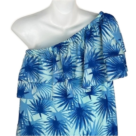 Vineyard Vines Electric Palm One Shoulder Ruffle High Low Dress Aqua NWT - Picture 7 of 13